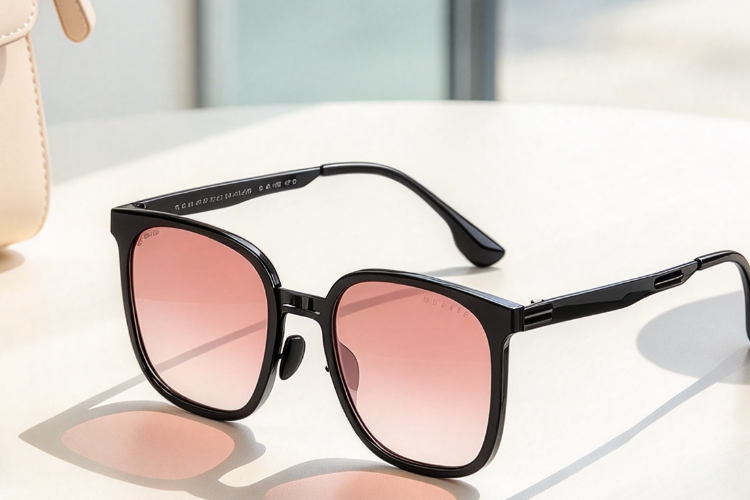 Foldable designer sunglasses with pink gradient lenses arranged with compact case passport wallet and travel items for convenient storage.