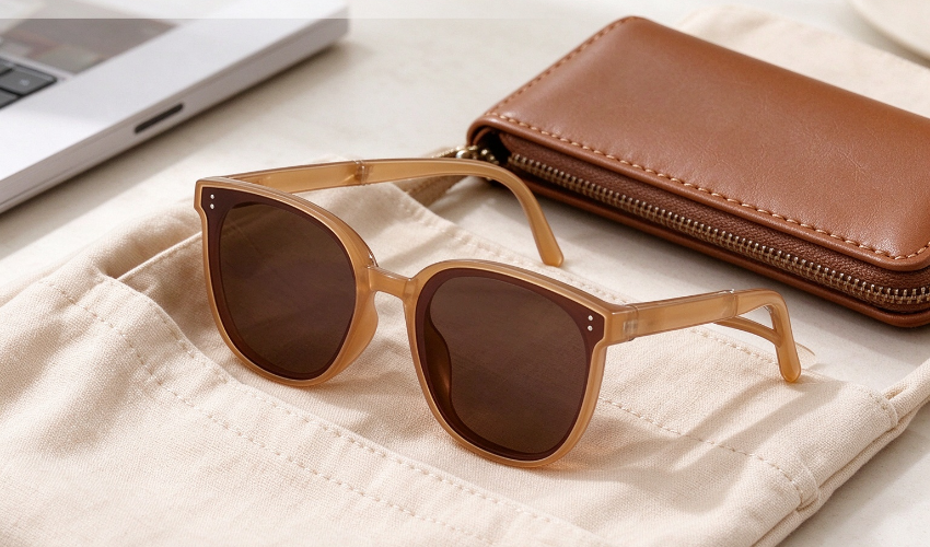Lightweight foldable designer sunglasses in a travel-ready lifestyle scene, emphasizing portable storage and everyday convenience.