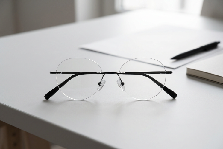 Rimless round Blue Ray Blocking Glasses with a slim black frame on a white desk beside paper, a pen and a notebook.